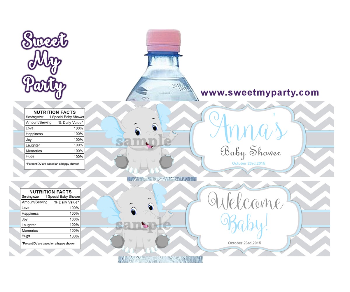 Blue and Grey Elephant Baby Shower water bottle labels,(7ebb)